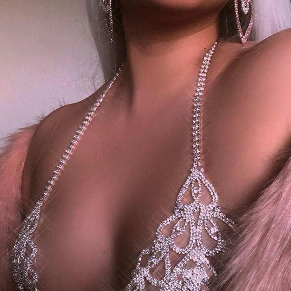 Chain Body Lingerie Set Heart Bling Crystal Bra Thong Jewelry Bikini Underwear - Picture 3 of 7